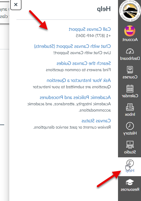 Screenshot of Canvas Help menu, with arrows indicating Chat support.